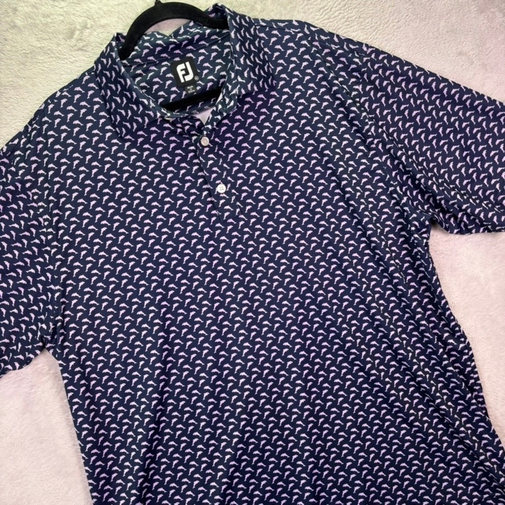 FootJoy Mens Polo Sz XL Navy Blue Pink Dolphin Print Performance Golf Shirt AOP